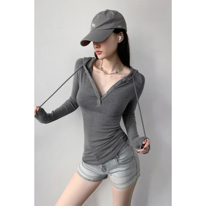 

Wild Street Sle Long Sve с капюшоном и воротником Генри База irt Женская облегающая внутренняя одежда для весны и осени для похудения Ef...