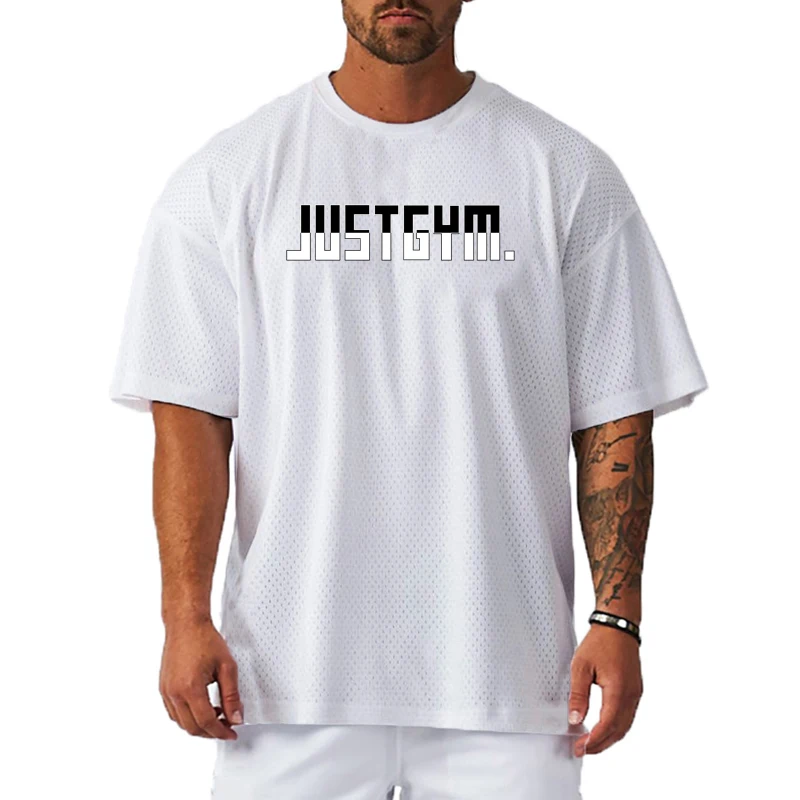 Summer Men Running Sports Short-sleeved Quick-drying Mesh Top Training Loose Breathable and Moisture-Wicking Oversized T-shirts