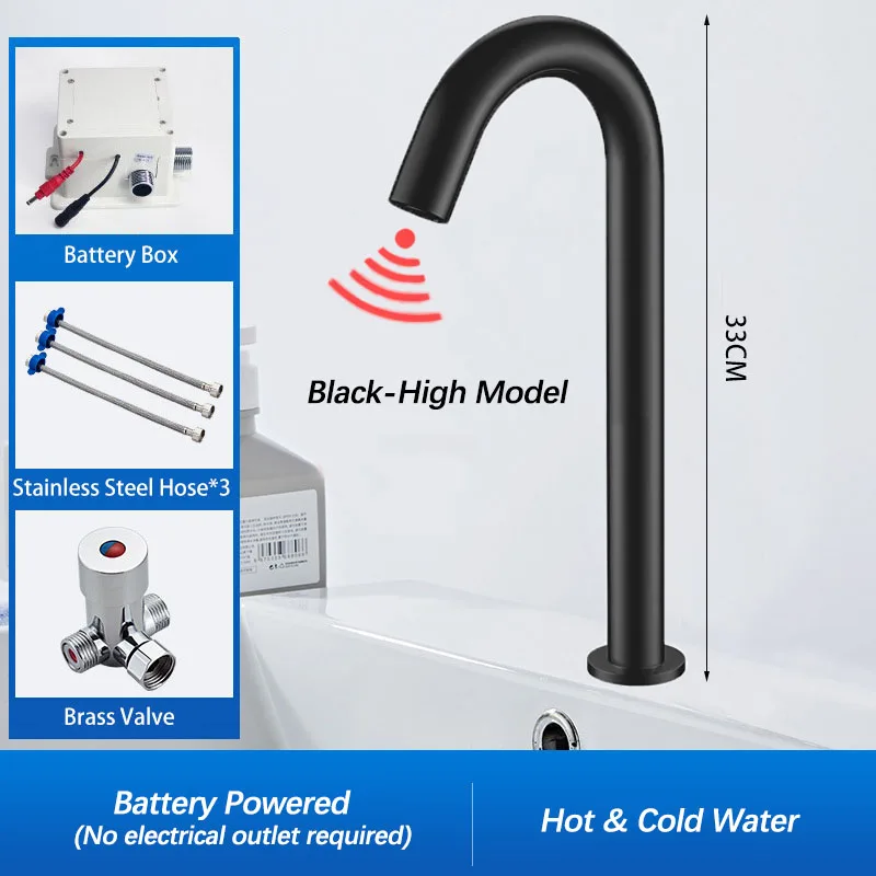 Zwarte automatische aanraakvrije infraroodsensor badkamerkraan. Touchless tapware. Koud warm water mixer kraan. Badkamer gootsteen kraan