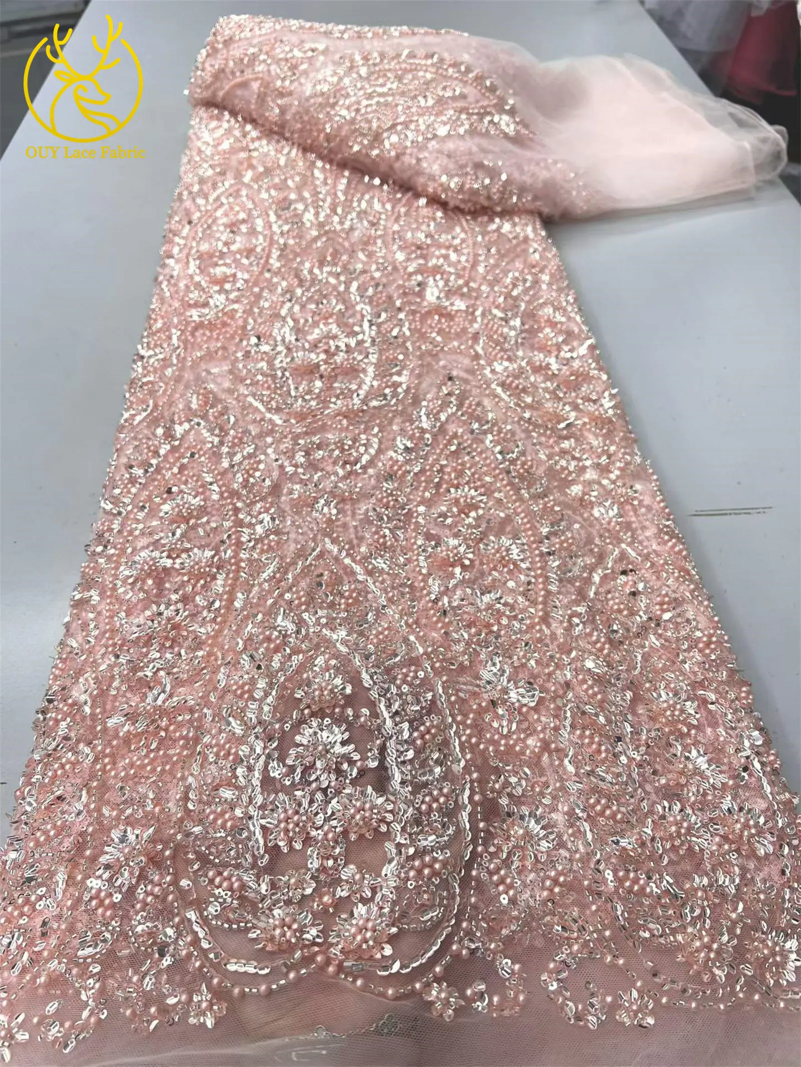 Nigerianischer Exquisiter Luxuriöser Spitzenstoff 2026, 5 Yards Afrikanischer Spitzenstoff mit Französischen Pailletten und Perlen, Tüllstoff für Kleider und Näharbeiten – Detail 11