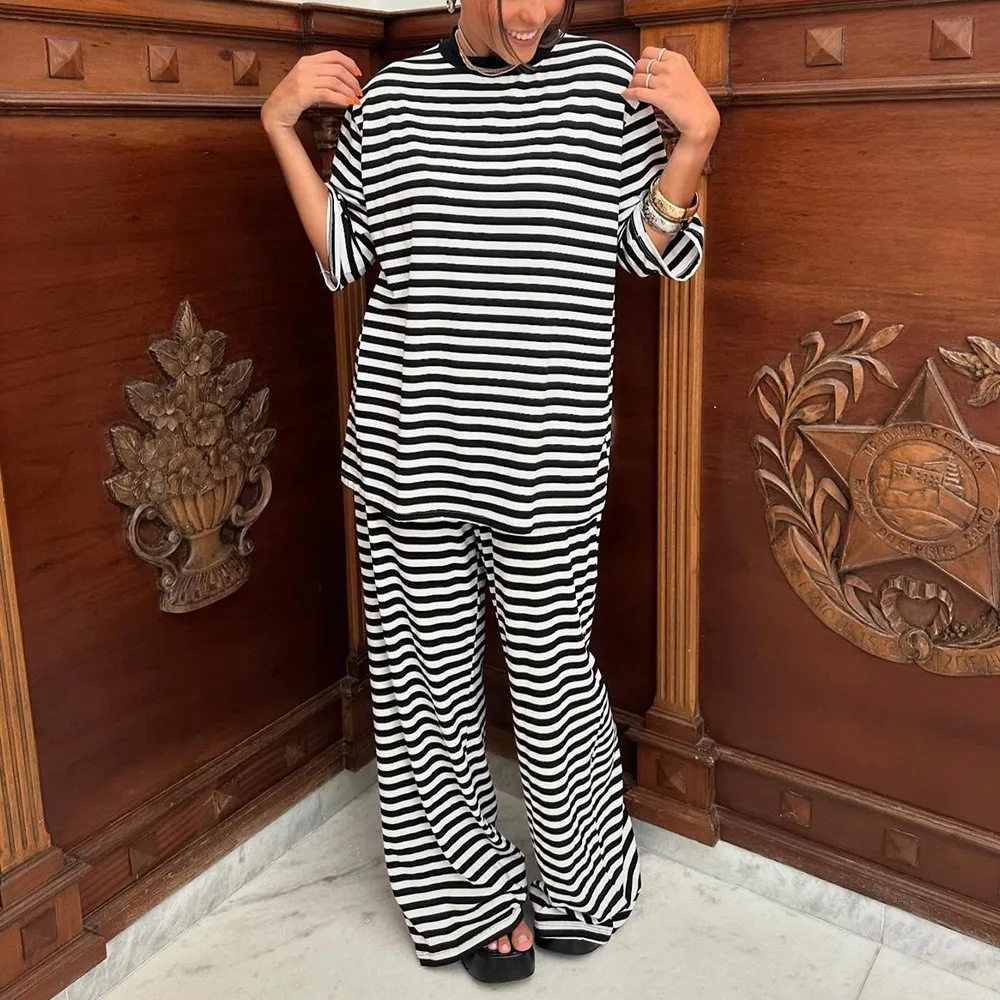 

Bornlades 2026 Spring New Style Color Contrast Striped Short Sleeve and Pants Two Piece Set Cotton Loose Pants Casual Set