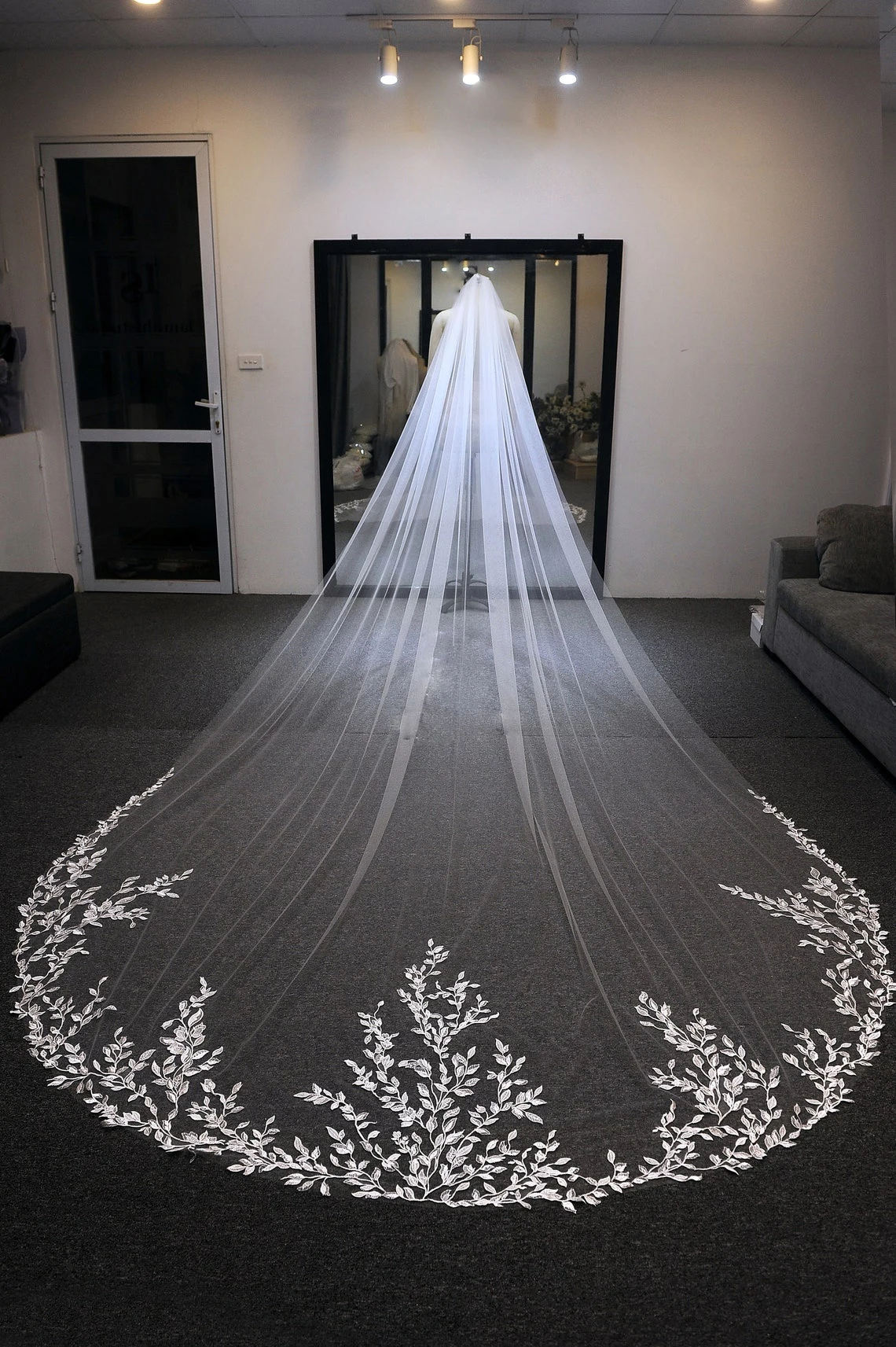 Voile de mariage à fleurs sur mesure, 1 niveau, blanc cassé, champagne, voile cathédrale pour patients