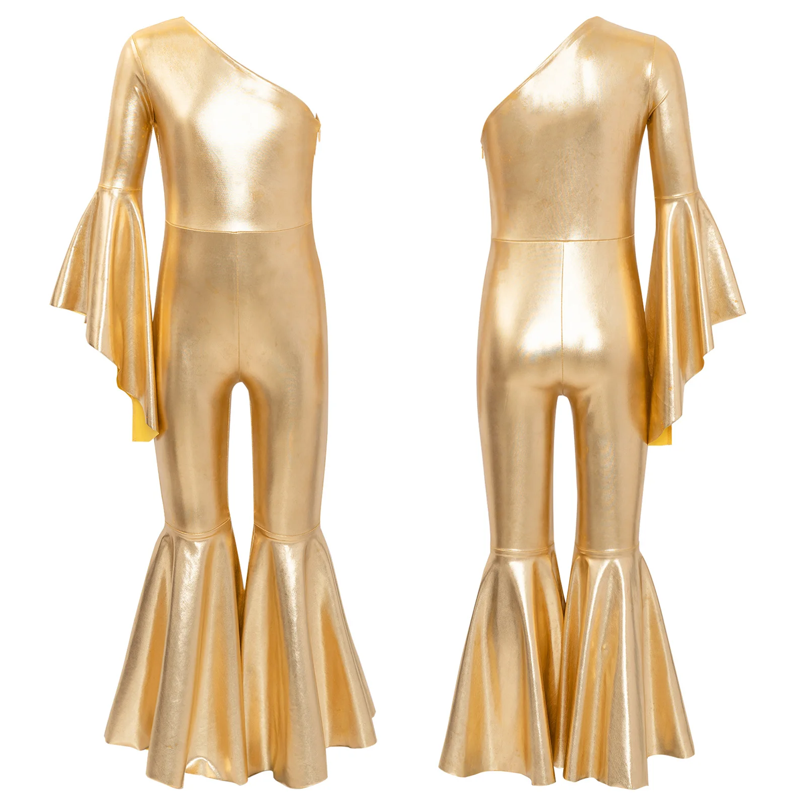 Kids Girls Shiny Metallic Bell Bottom Jumpsuit Stage Performance Costume One Shoulder Flare Sleeve One Piece Rompers Dancewear