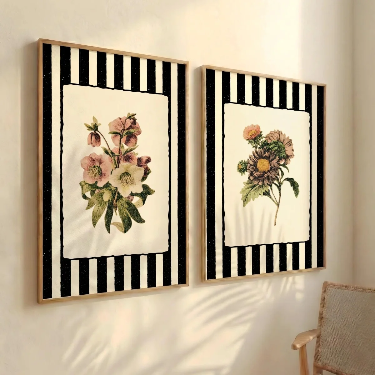 2pcs/set Black White Vintage Florals Canvas Prints Poster Modern Botanical Striped Art Prints Living Room Wall Art Home Decor