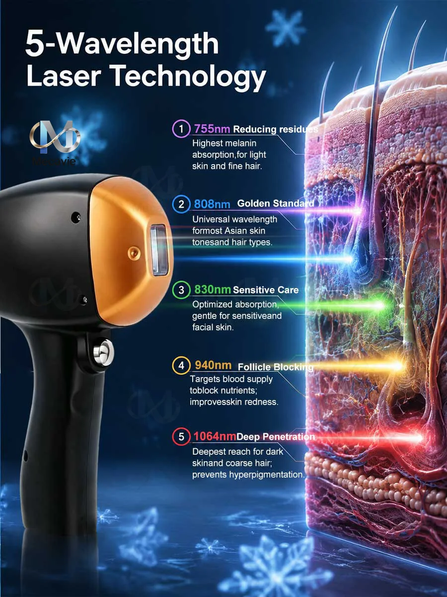 Mecavie 5000W Diode Laser Hair Removal Machine 5 Wavelength 10 Bars FAC Sapphire Cooling Emergency Stop 2Y Warranty Salon Beauty