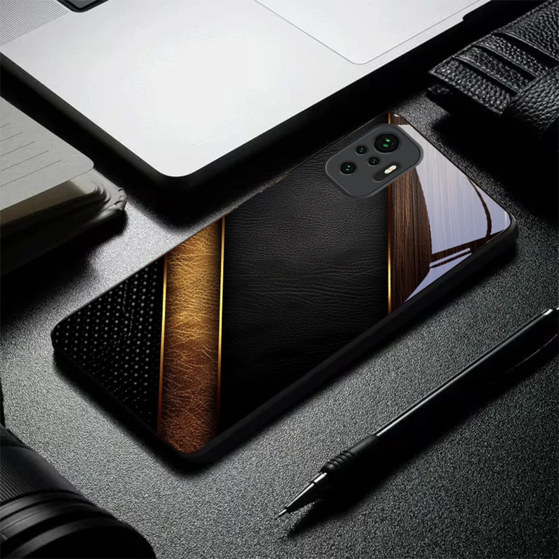 Gold Trim Leather Black Glass Phone Case For Redmi Note 13 Pro+ 14 Pro 8 9 T 9S 12S 10 Pro 11 12 A3 12S 13C K60 Ultra 14C Cover