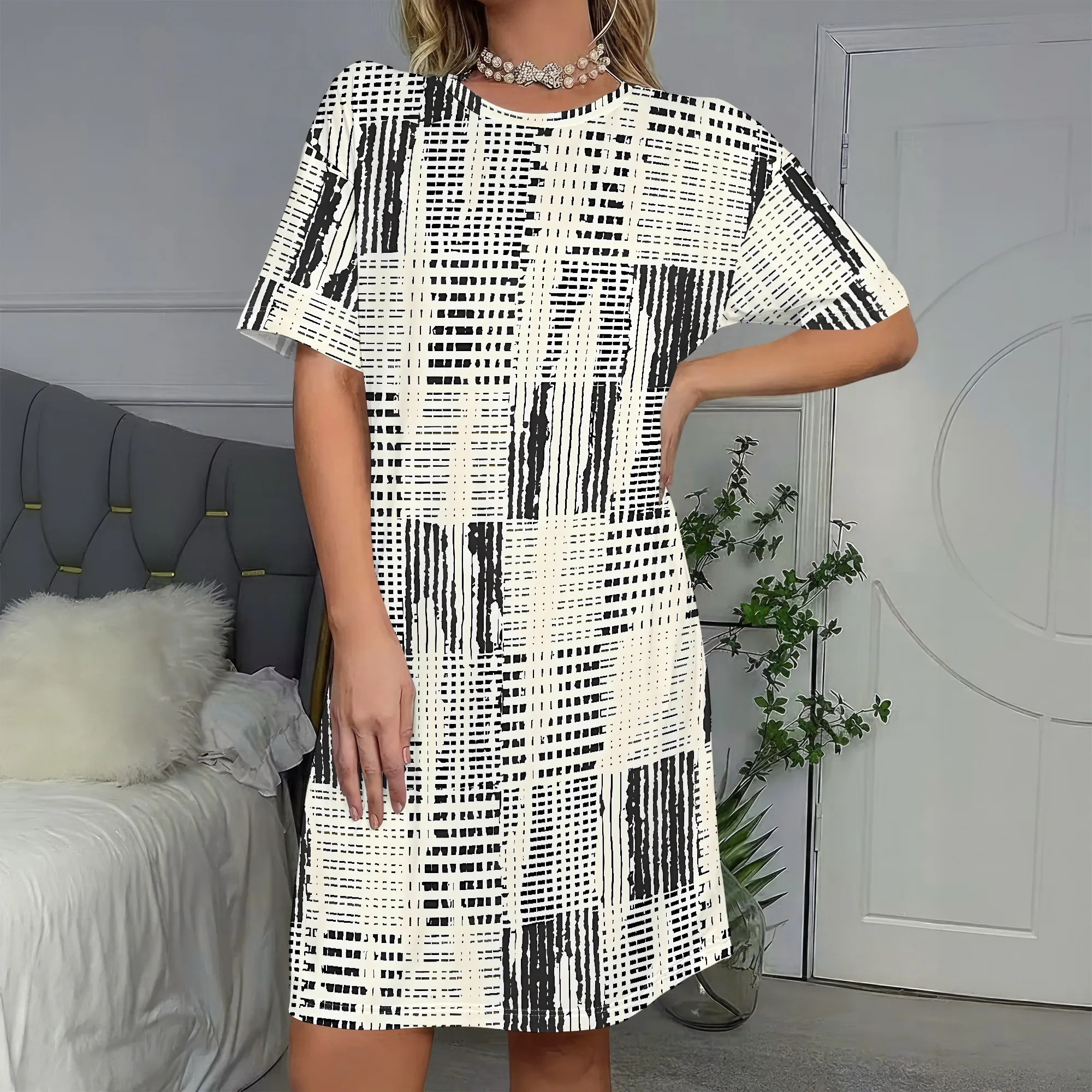 

Abstract Print Short Sleeve Dress, Geometric Pattern Midi Dress, Casual Summer Dress for Women, Beach Party Wear, S-2XL