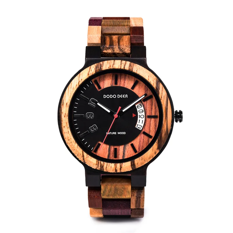 Men's Wooden Watch with Mixed Color Calendar Quartz Analog Round Pin Buckle Fashion Wristwatch