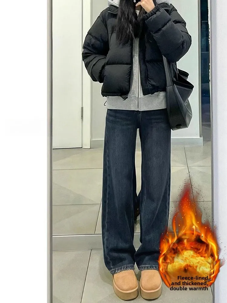 plus Size Fce Lined Thi Denim Pants Women Winter Pear aped Body Loose Slim High Waist Straight Leg Wide Leg Pants