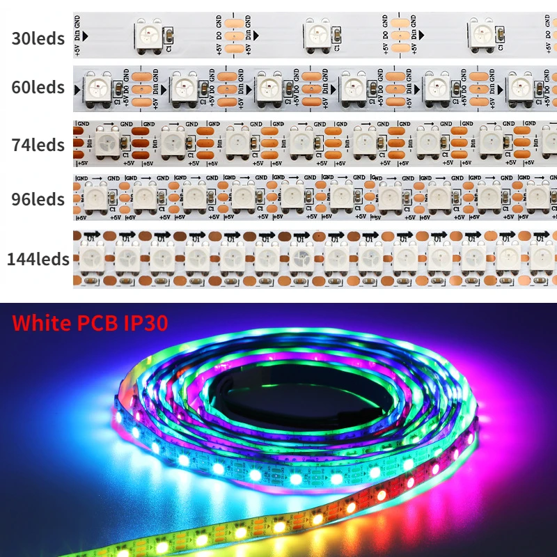 Bande lumineuse LED RVB adressable, Pixels intelligents, Lumière magique, Noir, Blanc, PCB, IP30, 65, 67, DC5V, WS2812B, WS2812