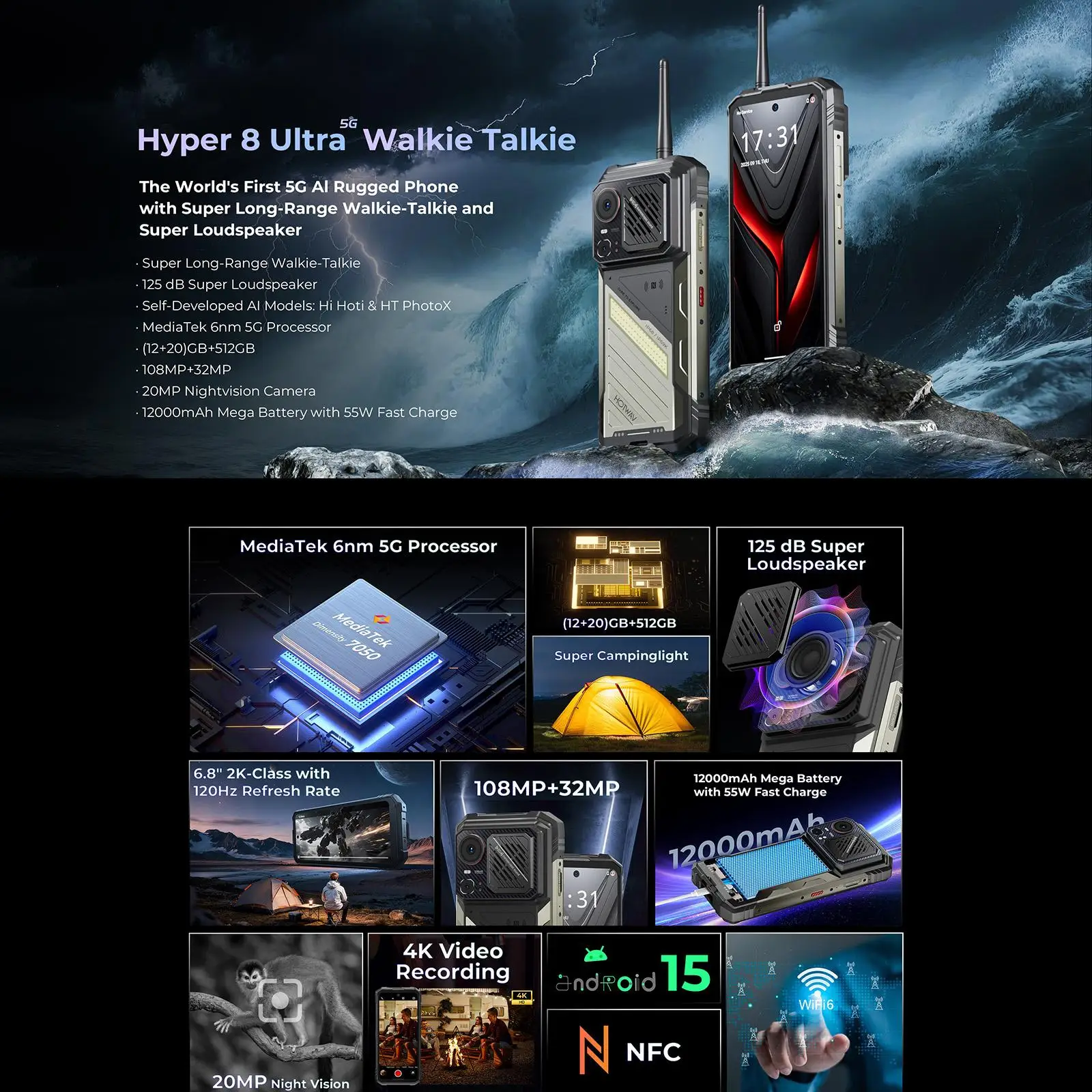 HOTWAV Hyper 8 Ultra Walkie-talkie Telefone robusto Android 1512GB + 512GB 6,8 polegadas MediaTek MT8791 Dimensidade 7050 5G NFC Smartphone