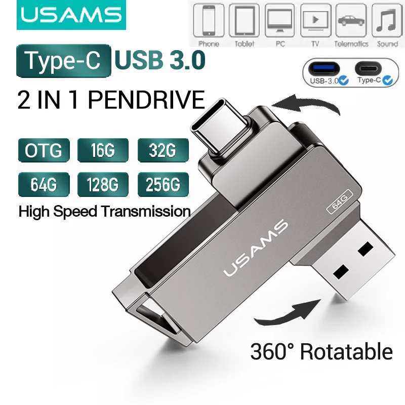 USAMS 256GB Flash Drive 3 IN 1 Type-C+USB Dual Interface 16G 32GB 64GB 128GB High Speed Flash Drive for Smartphones/Tablets