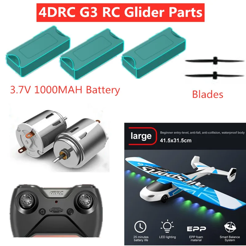 4DRC G3 G-3 2.4G RC Airplane Parts 3.7V 1000MAH Battery Propeller USB Line G3 G03 RC Glider Accessories G3 Plane Battery  Blades