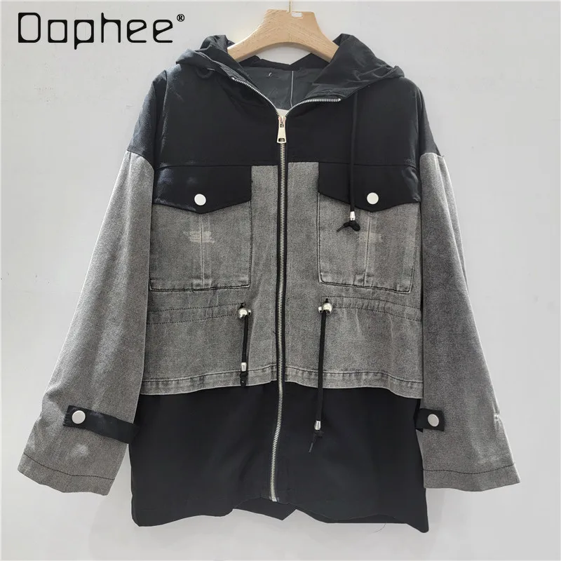 

Large Size Street Fashion Denim Patchwork Hooded Jacket Women Mid-Length Autumn New Korean Loose Slimming Elegant Fashion Jacket