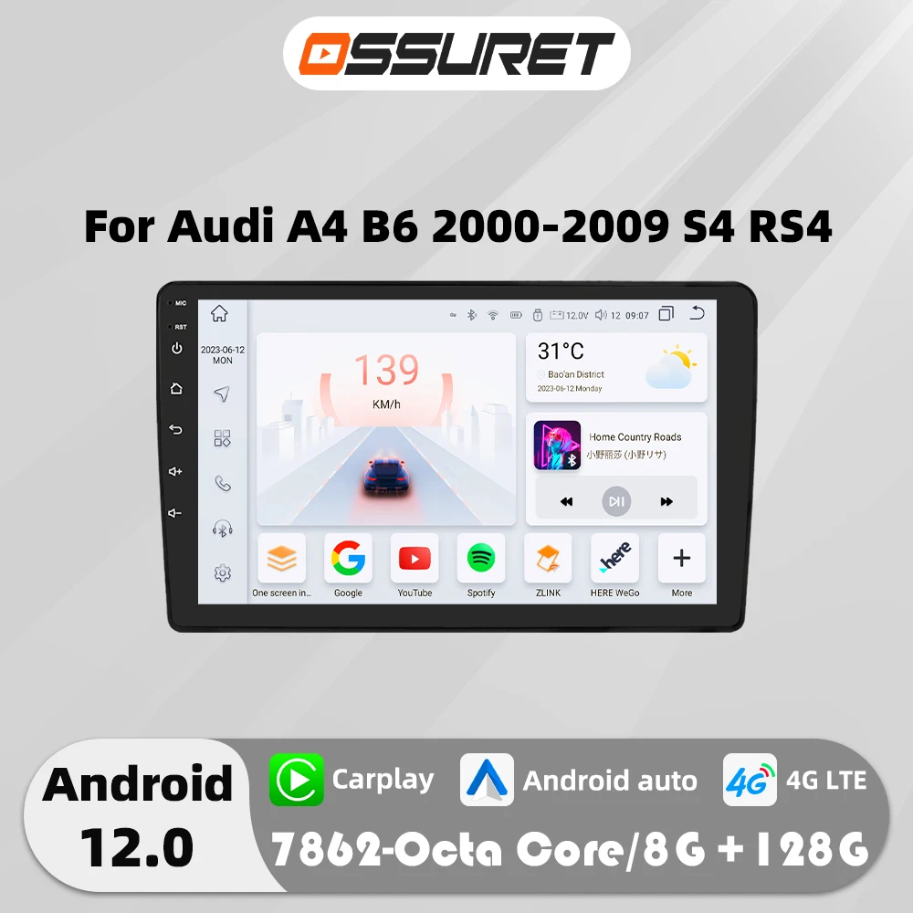 2DIN Android 12 Car Auto radio Stereo for Audi A4 2000-2009 S4 B6 B7 RS4 Seat Exeo RS4 multimedia player 4G DSP Carplay headUnit