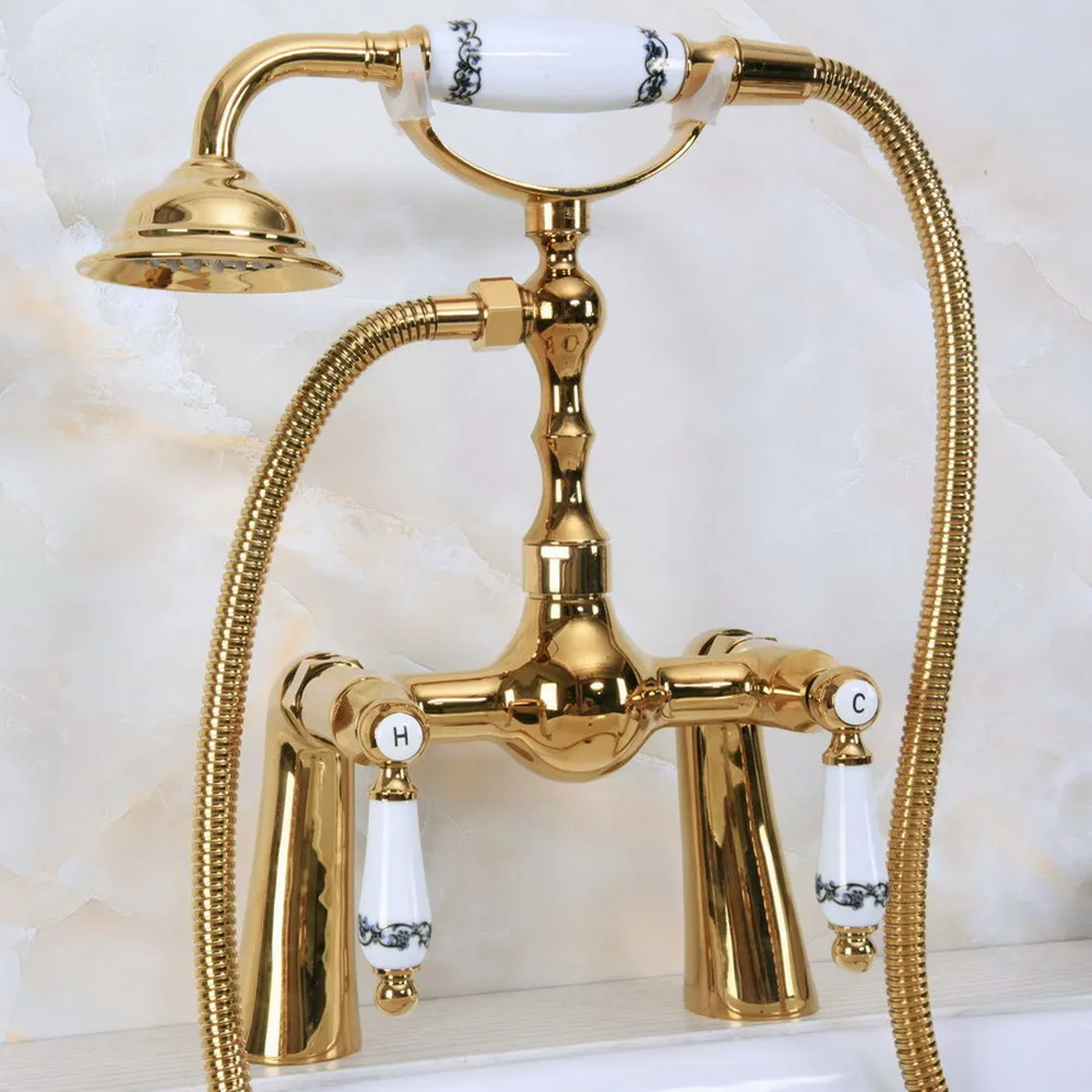 

Polished Gold Brass Double Handle Deck Mount Bathroom Bath Tub Faucet Set with 1.5M Hand Held Shower Spray Mixer Tap 2na139