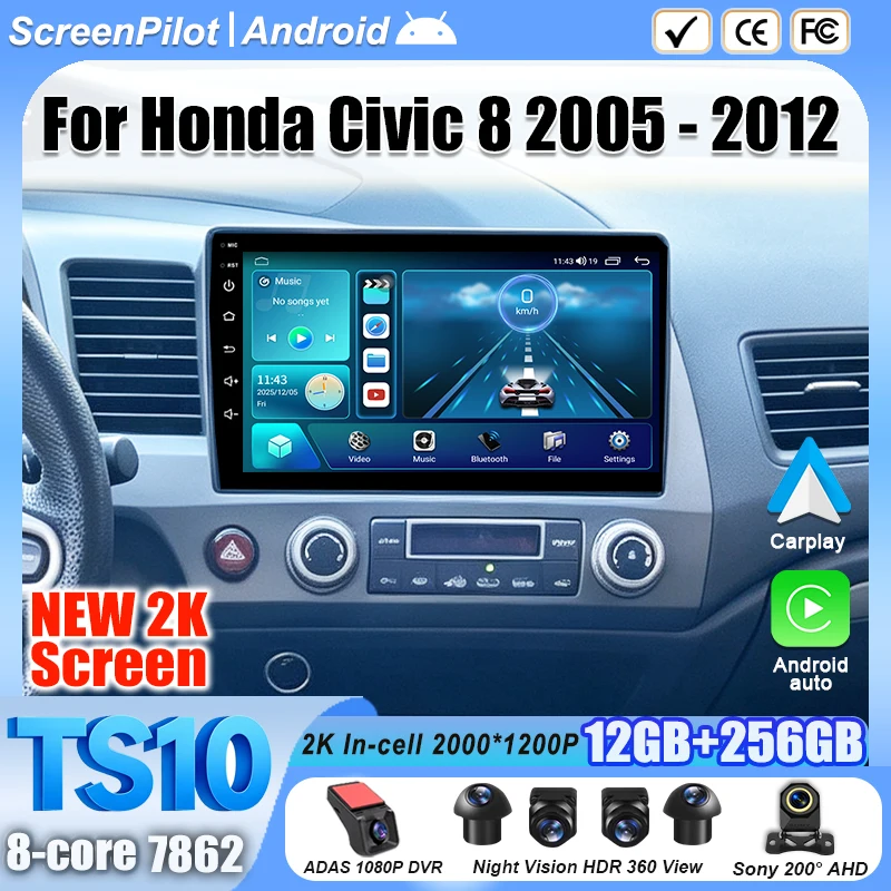 Android 16 For Honda Civic 8 2005 - 2012 Car Radio Stereo Head Unit Multimedia Video Player GPS Navigation 2K QLED  9 Inch RDS