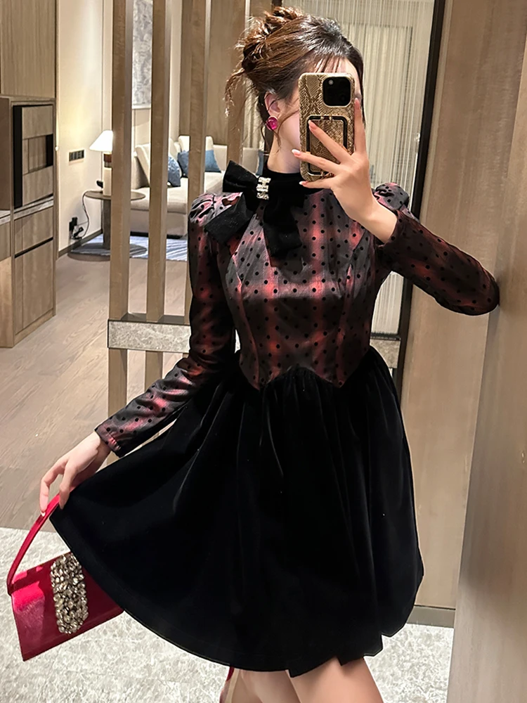 ชุดเดรสสไตล์วินเทจฝรั่งเศสสำหรับผู้หญิง น่ารัก ลายจุด ลายสก็อต ตัดต่อสีดำ ทรงบอลกาวน์ สไตล์คาวาอี้ ชุดเดรสสั้นสำหรับออกเดท เสื้อผ้าผู้หญิง