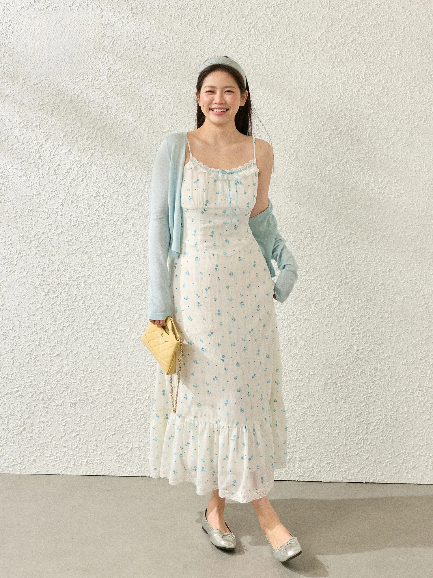 

Zhang Da plus Size Women's Romantic Sea Salt Blue Floral Print Strap Dr And Cardigan Set Korean Sle Slimming Effect