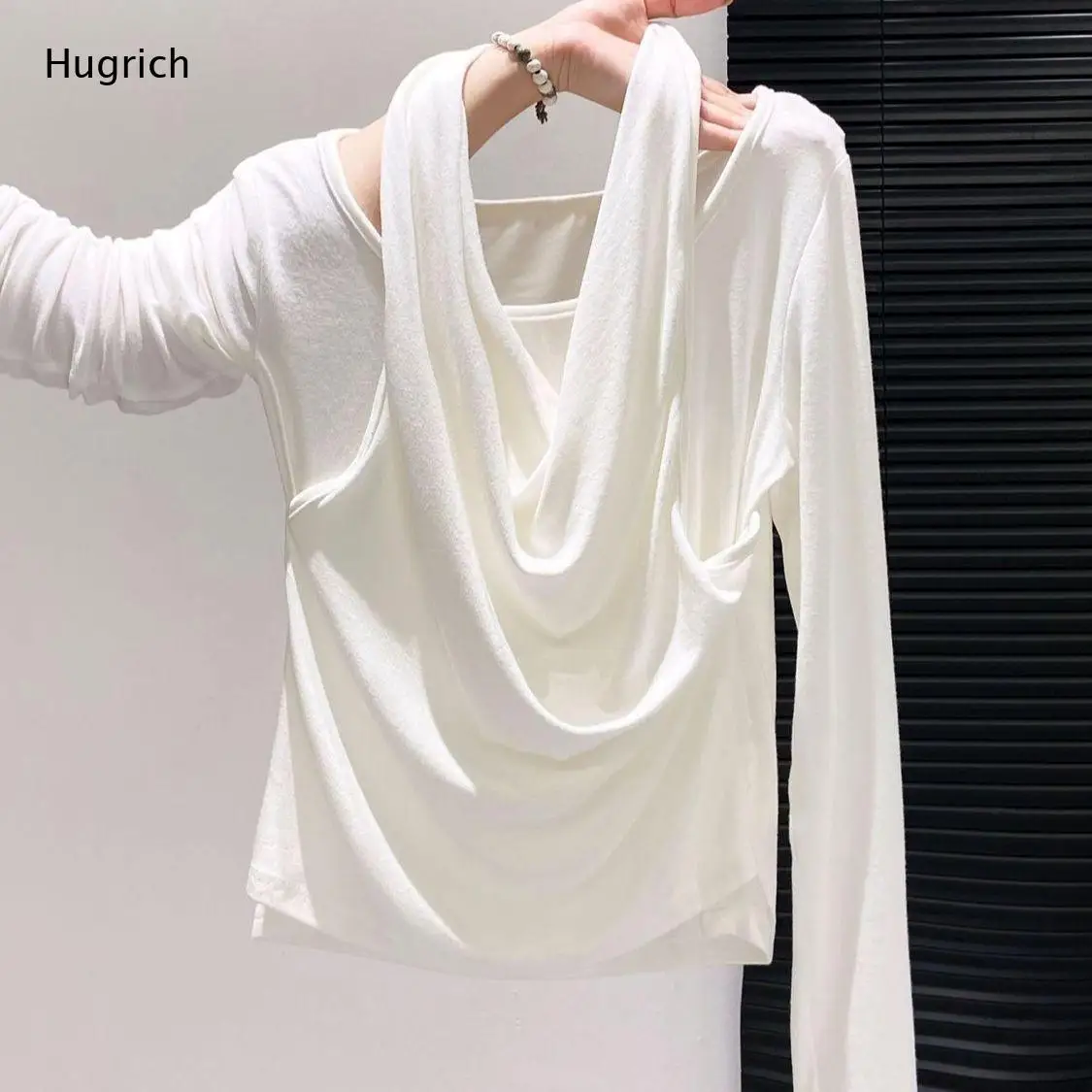 Ladies Draped Cowl Neck Halter Long Sleeve Fitted Top Solid White Ruched Detail Irregular Hem Soft Lightweight Daily Wear Blouse