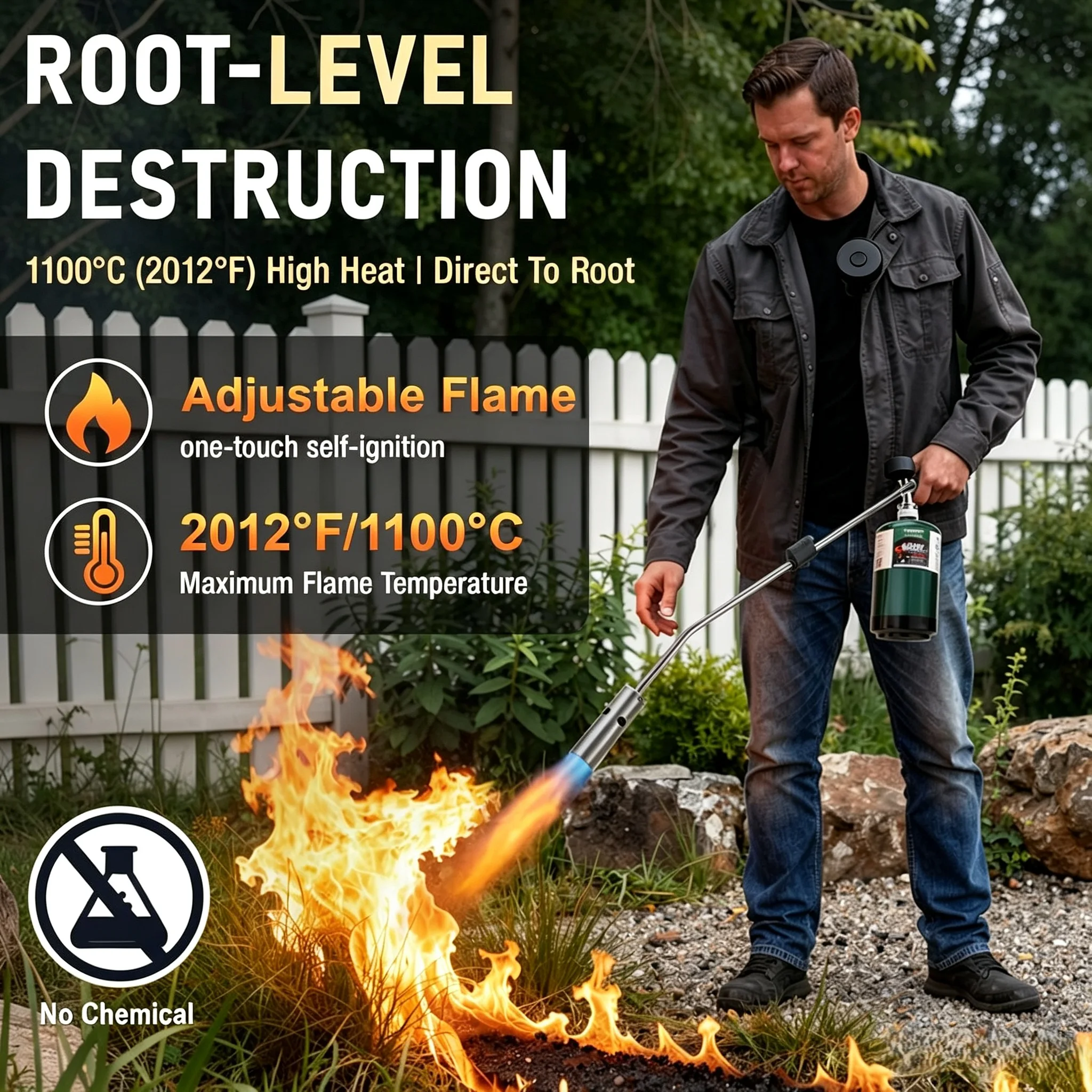 Long Handle Weed Torch, One-Touch Ignition Garden Weed Burner with Adjustable Flame, Gas Canister Not Included