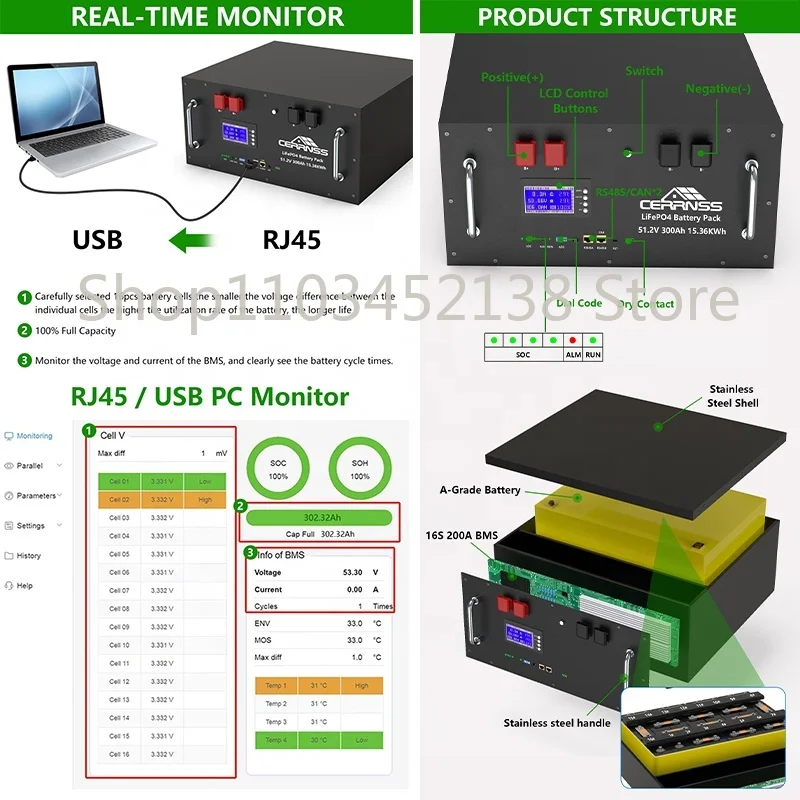 51.2V 15Kwh Solar Inverter Rechargeable LFP4 AKKU Lithium ion Battery Pack 48V 300Ah LiFePO4 Battery