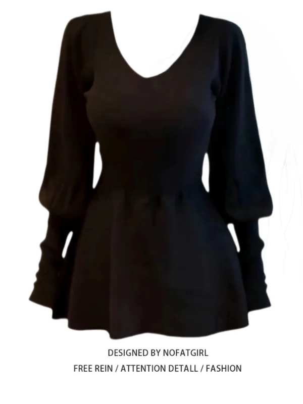 

plus Size Women's Bla V-Ne Knitwear Lantern Sve Slimming Waist Design Commute Sle Long Sve Winter Base Layer Sweater