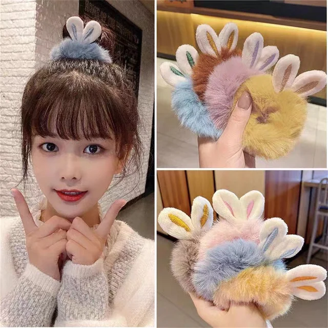 4 sztuk śliczne pluszowe uszy królika gumki do włosów puszysty kucyk Holder gumki do włosów Scrunchy spiralna gumka do włosów akcesoria do włosów