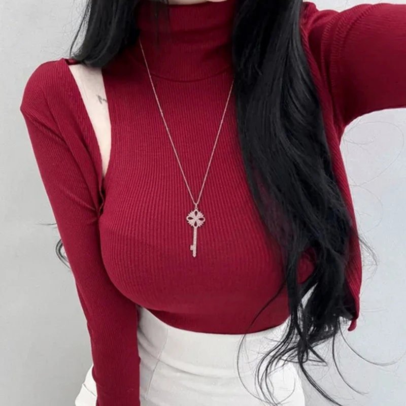 

Сексуальная облегающая футболка с высоким воротником и длинным свеком, жилет из двух предметов для женщин, Dongda Gate Sle, корейская мода