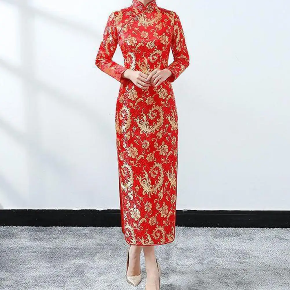 Women Cheongsam Elegant High Slits Long Cheongsam Classic Chinese Style Women Dress Weddings Vintage Cheongsam Dress