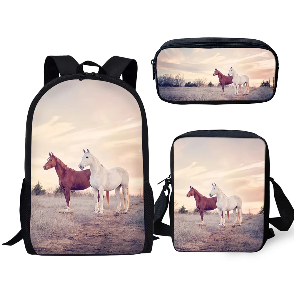 Harajuku Novelty Cool Horse 3pcs/Set Backpack 3D Print School Student Bookbag Laptop Daypack Shoulder Bag Pencil Case