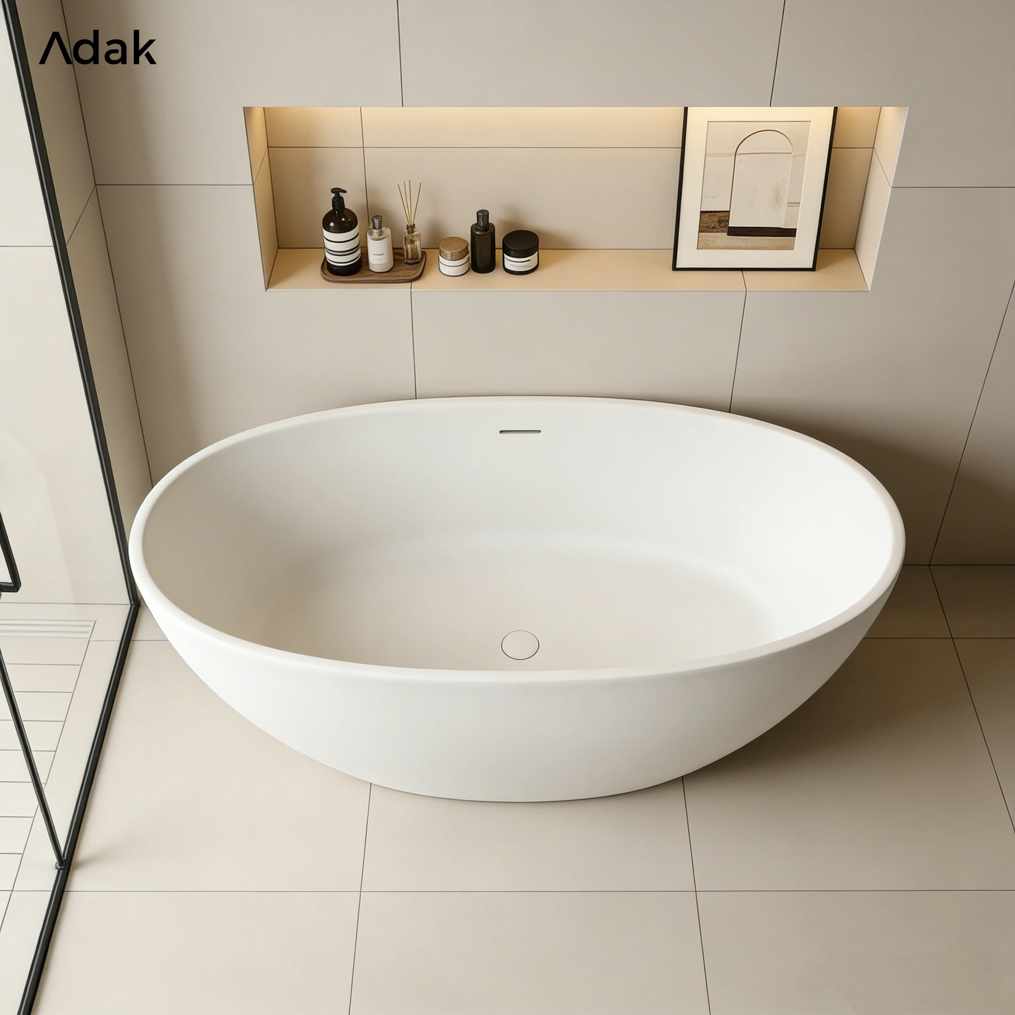 Adak Solid Surface Portable Indoor Soaking Bathtub Drainer Freestanding Oval 60gal+ Capacity Non-Slip Bottom 5 Year Warranty