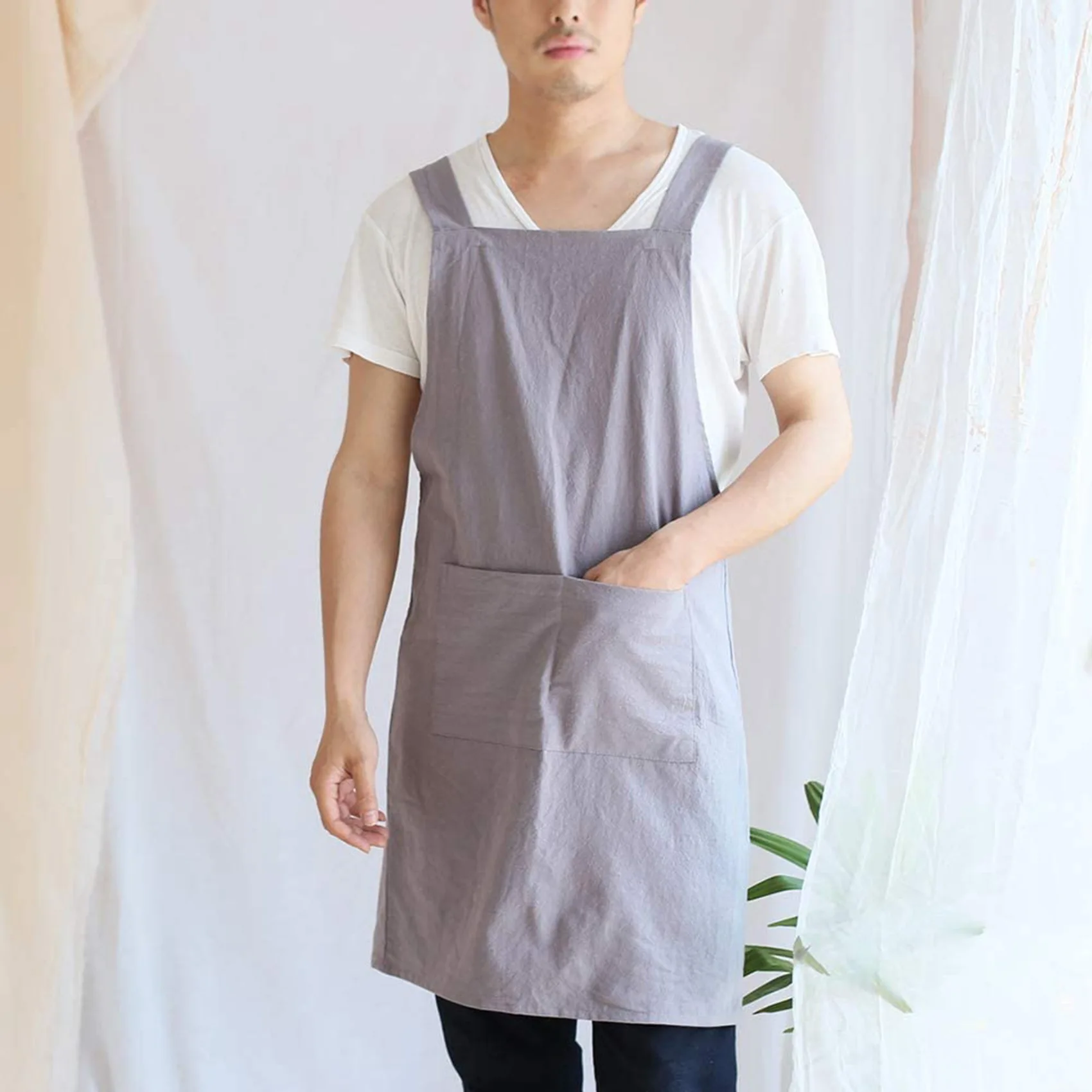 

ABAH-2X Linen Cross Back Cooking Apron Suitable For Ladies And Men With Pockets Cute Suitable For Baking Kitchen