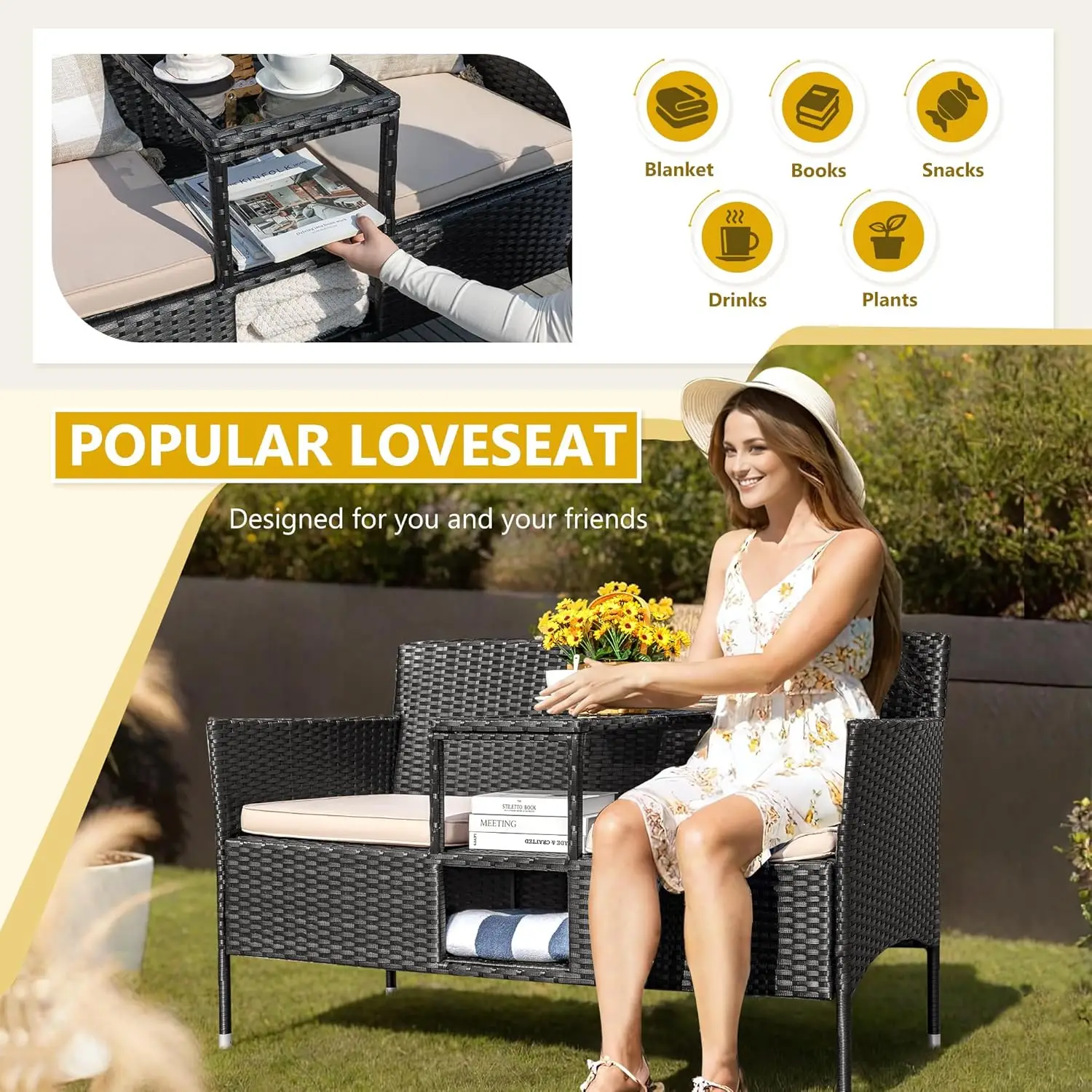 Outdoor Patio Loveseat Modern Rattan 2-Seat Patio Conversation Set with Cushions & Built-in Coffee Table Porch Furniture