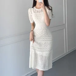 Summer Elegant Fashion Hollow Out White Bodycon Midi Dress Female Slim Round Neck Knitting Robe Women's A-line Casual Vestidos