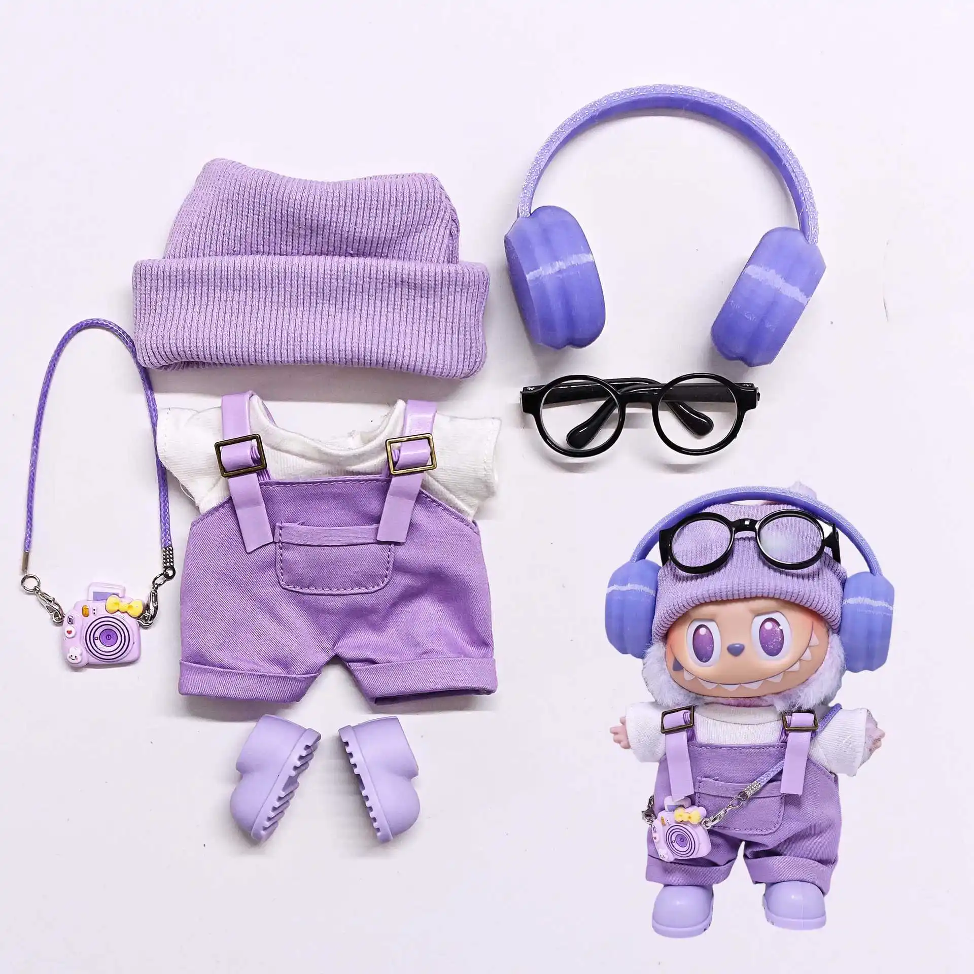 

15cm/17cm Labubu Universal Hoodie Set Gray Trendy Outfit with Camera Glasses Headphones & Canvas Shoes Series 1-3 Compatible