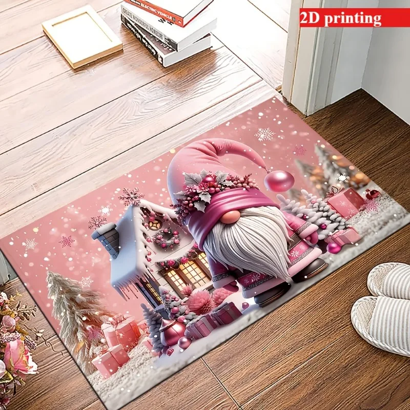 Christmas Pink Gnome Santa Doormat Winter Snow House Gift Print Indoor Floor Rug  Entryway Carpet Area Mat for Home Decor