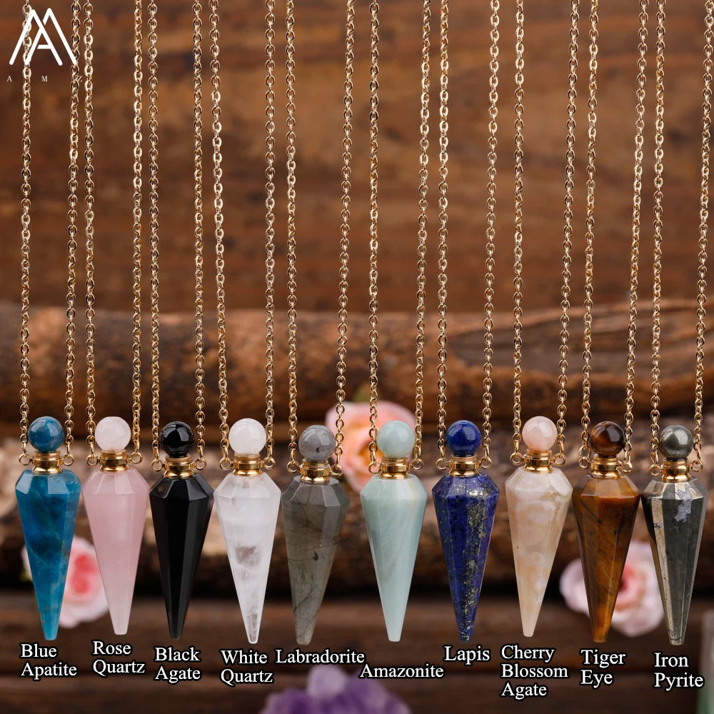 Faceted Gems Stones Pendulum Perfume Bottle Pendant Jewelry Healing Reiki Women Diffuser Vial Chains Necklace Jewelry Dropship