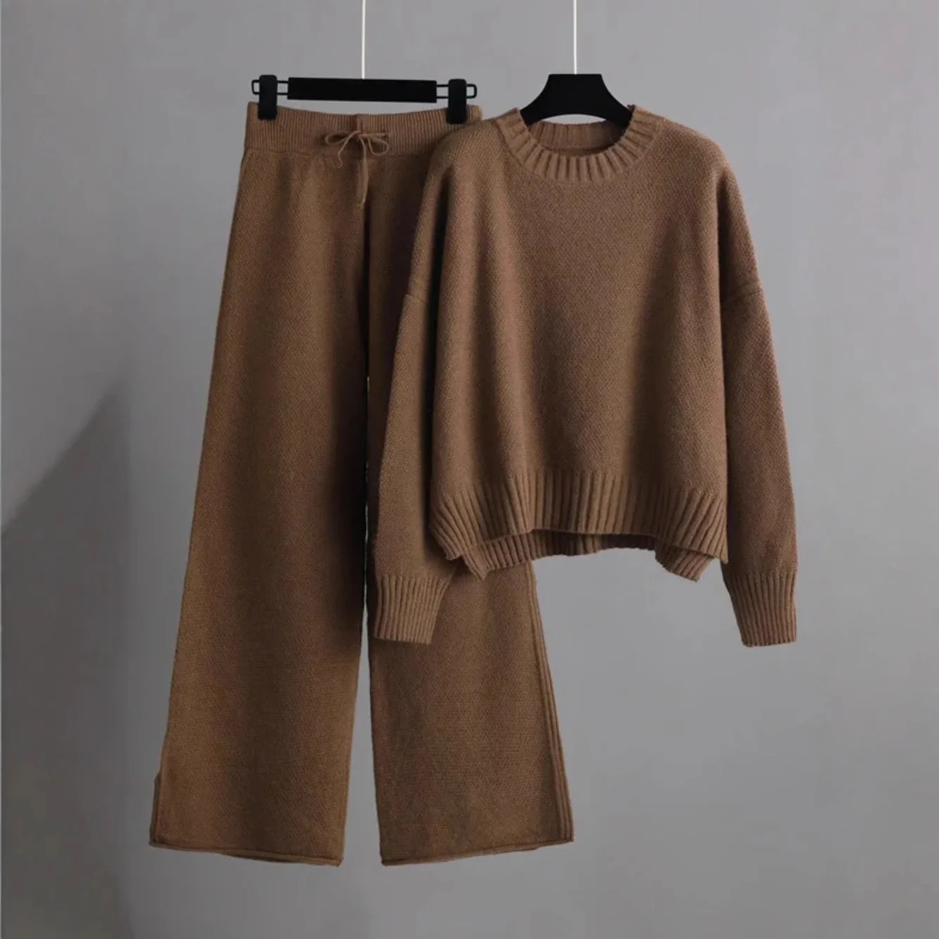 Conjunto de Calças de Perna Larga em Malha, Dois Peças, Moda de Inverno, Suéteres Quentes e Casuais para Mulheres