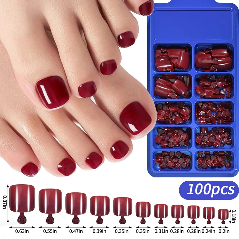 100PCS Short Square False Toenail Tips Full Cover Red Artificial Fake Toenail Acrylic Foot Nail Art Press on Toe for Women Foot