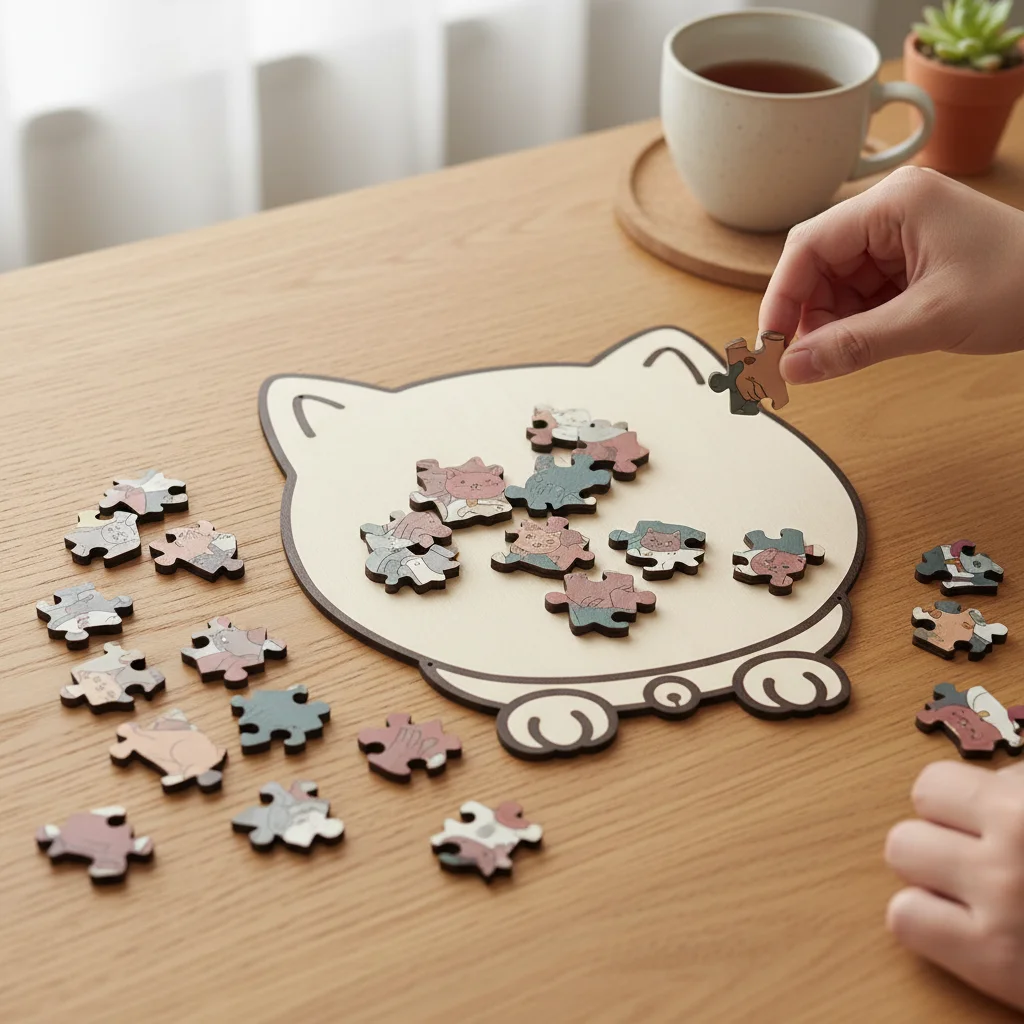 

135 Piece Cat Shaped Wooden Puzzle for Adults in Morandi Color Scheme with Challenging Design For Puzzle Enthusiasts