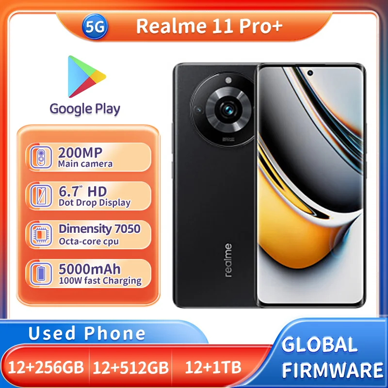 هاتف Realme 11 Pro+ 11 pro Plus 5G 6.7in AMOLED 950nits Android 200MP Super OIS 5000mAh شحن سلكي 100 وات مستعمل