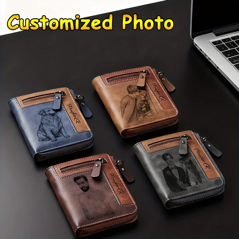 Personalisierte Foto-Geldbörse für Herren, Retro-Kurzgeldbörse mit graviertem Bild, Reißverschluss, PU-Leder, Münzgeldbörse, hochwertiger Kreditkartenhalter, ideales Geschenk – Detail 1