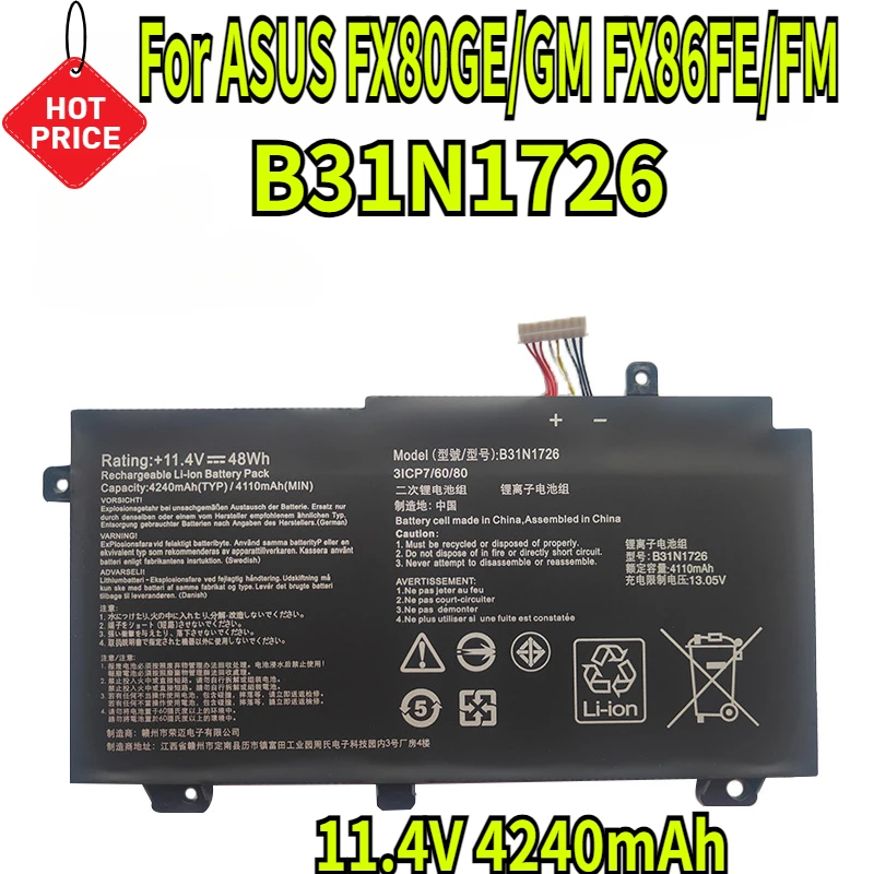 

11.4V 4240mAh Suitable for ASUS B31N1726 FX80GE/GM FX86FE/FM FX504 FX505 Notebook Battery