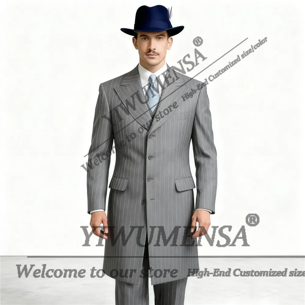British Style Vertical Stripes Suit Men Long Single Breasted Prom Blazers Long Customized 2 Pieces Sets Groom Tuxedos Outfits