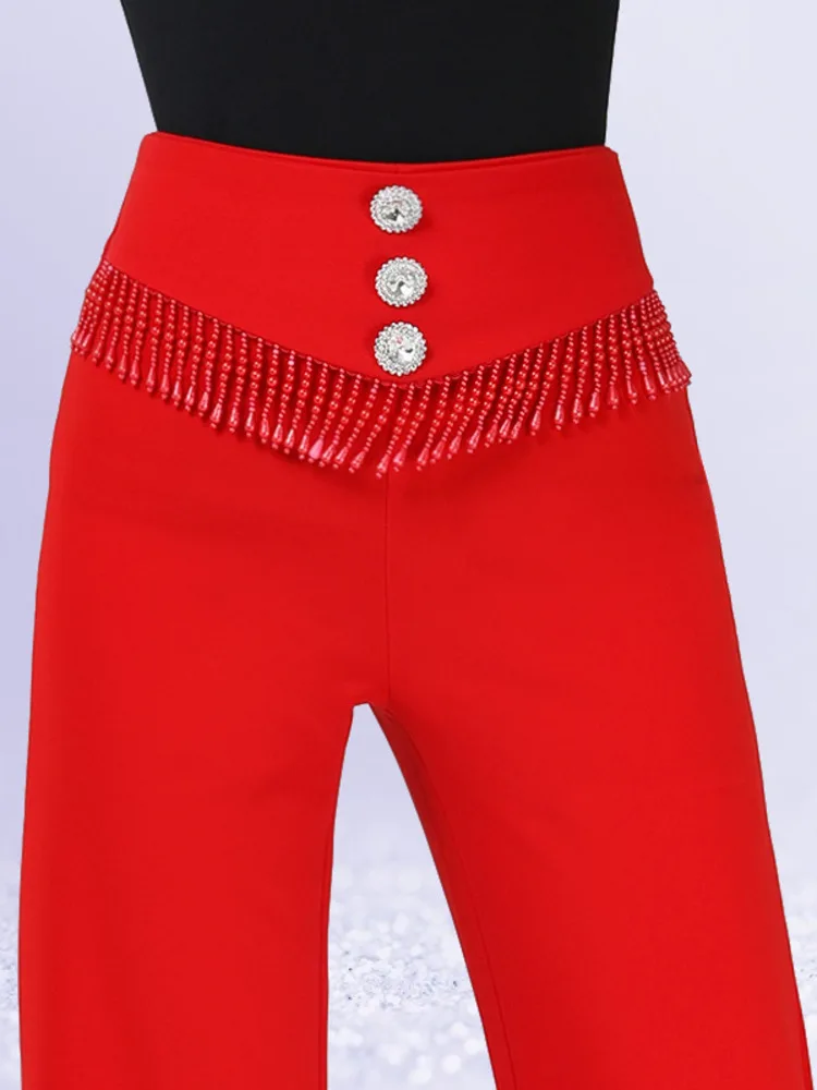 High Waist Ballroom Pants Women 2023 Modern Dance Clothing Standard Woman Latin Girls Rhinestones Kawaii Tassel Trousers 6XL