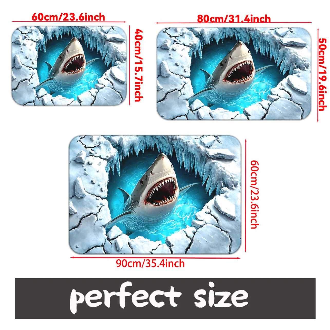 3D Illusion Shark in Glacier Doormat 2D Flat Non-Slip Absorbent Microfiber Rug for Bathroom Bedroom Outdoor Entrance