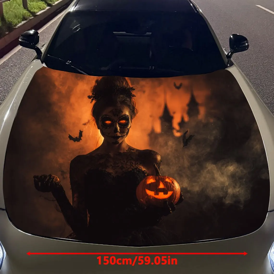 Woman with Halloween Makeup and Pumpkin Lantern Car Vinyl Wrap, PVC Material Waterproof Car Hood Sticker, Self-Adhesive Scratch-