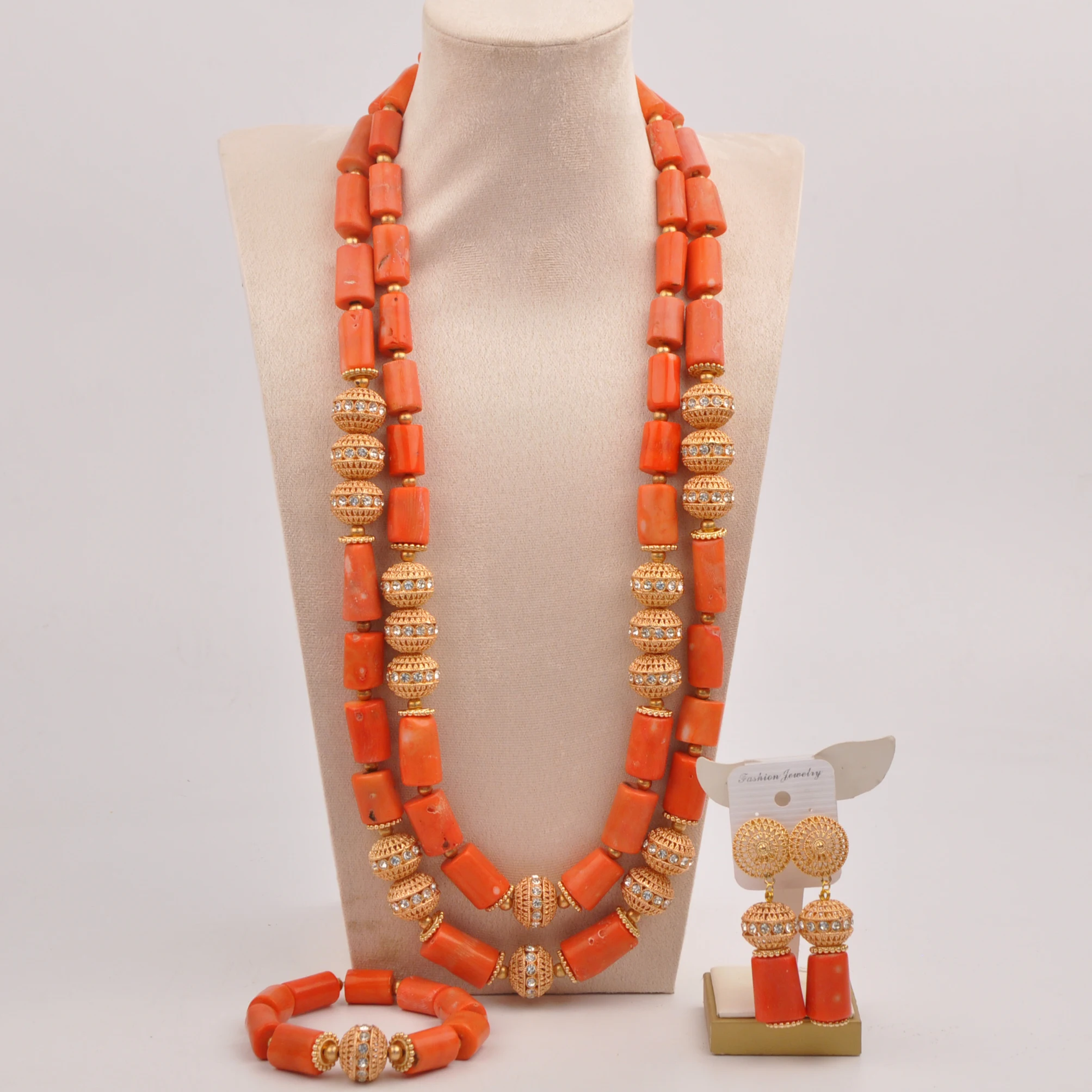 African bride newlyweds wedding jewelry men's style Nigerian wedding beads luxurious natural orange coral necklace set SHXY-74