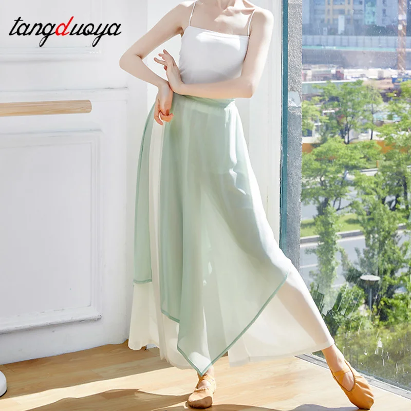 الرقص الشعبي الصيني السراويل الرقص الكلاسيكي النساء فضفاضة واسعة الساق بنطلون 2 طبقات الجنية الجسم قافية Dancewear الجانب سبليت حجم كبير